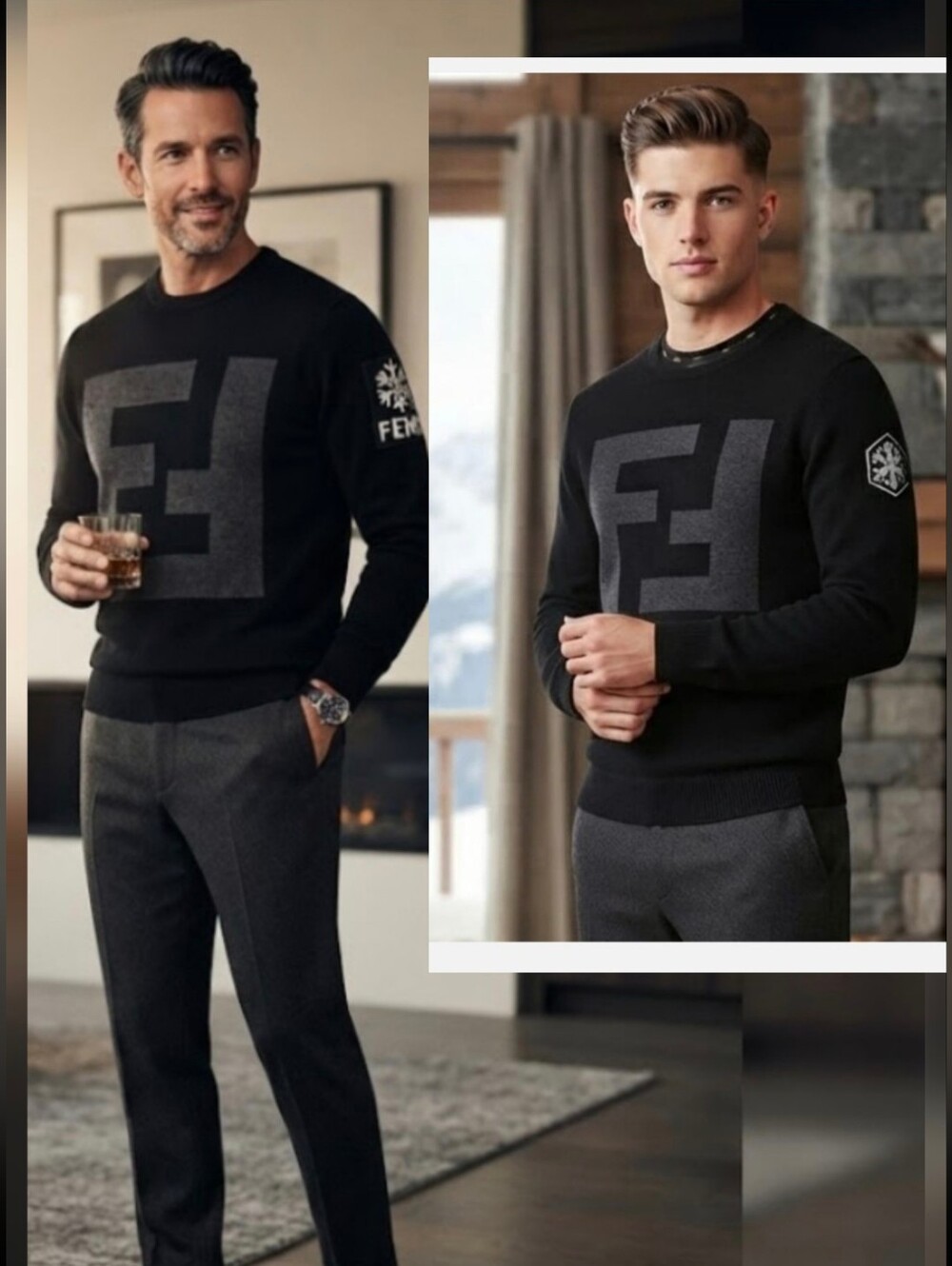 Fendi Men's Black FF Logo Wool Knit Sweater Size L Made in Italy Winter